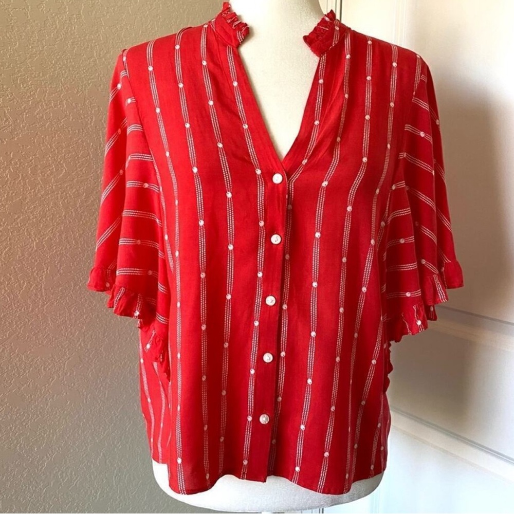 Anthropologie Maeve Ruffled Dolman Short Sleeve Button Front Blouse